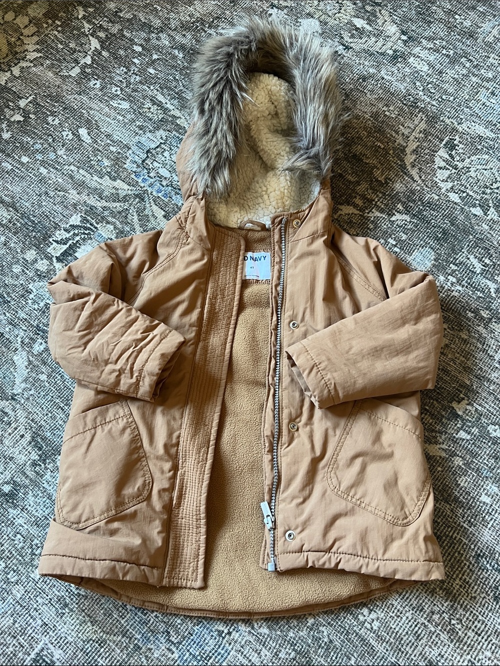 Old Navy Toddler Camel Tan Hooded Puffer Coat with Faux-Fur Trim